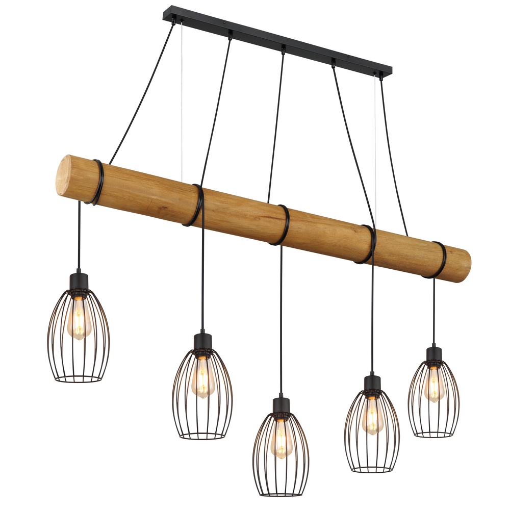 Globo Landelijke hanglamp Berti 5-lichts hout met zwart - 30250546