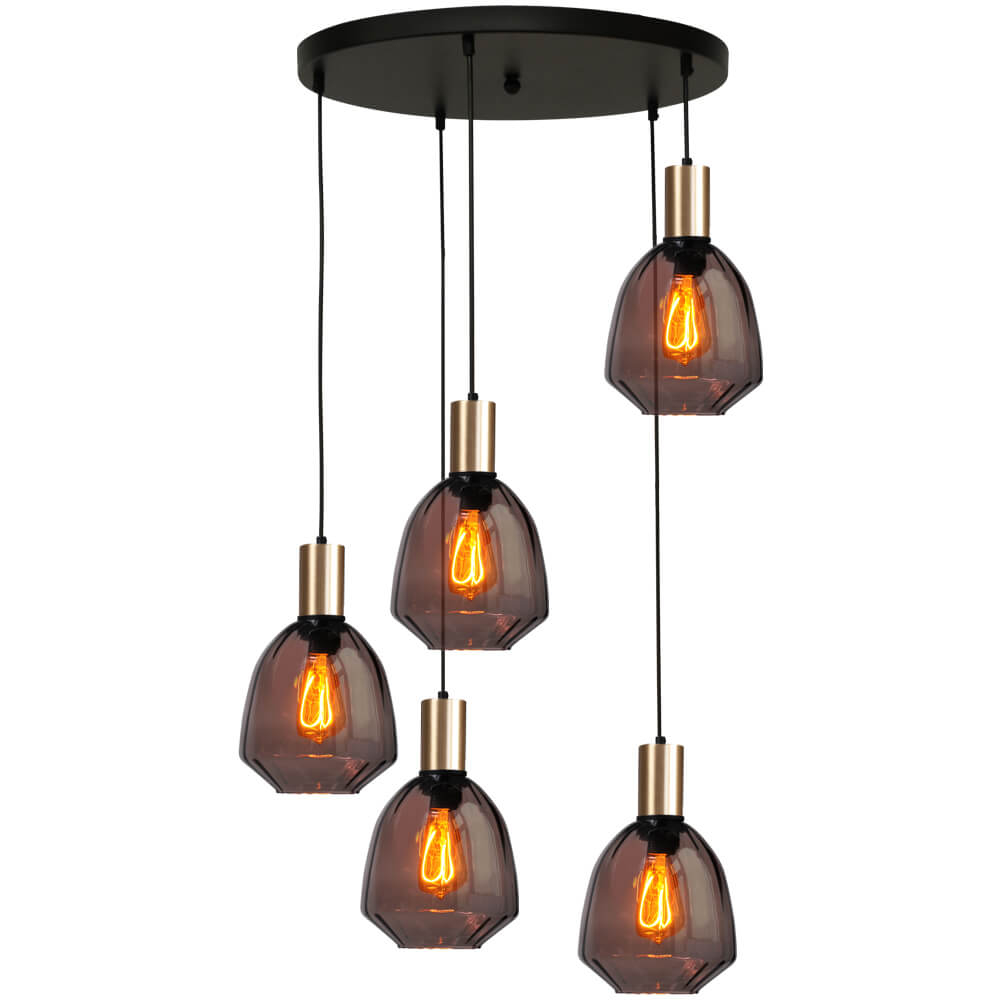 Masterlight 5-lichts vide hanglamp - goud - Porto met Nicolette red glazen - 2712-05-02-50-5-13