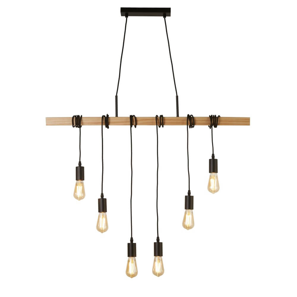 Searchlight 6-lichts hanglamp Woody met hout - 95041-6BR