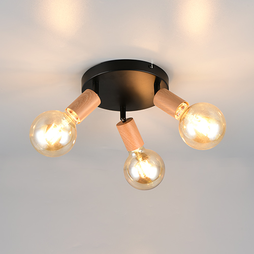 Trio Plafondlamp Lamego 3-lichts zwart met hout - R86683335