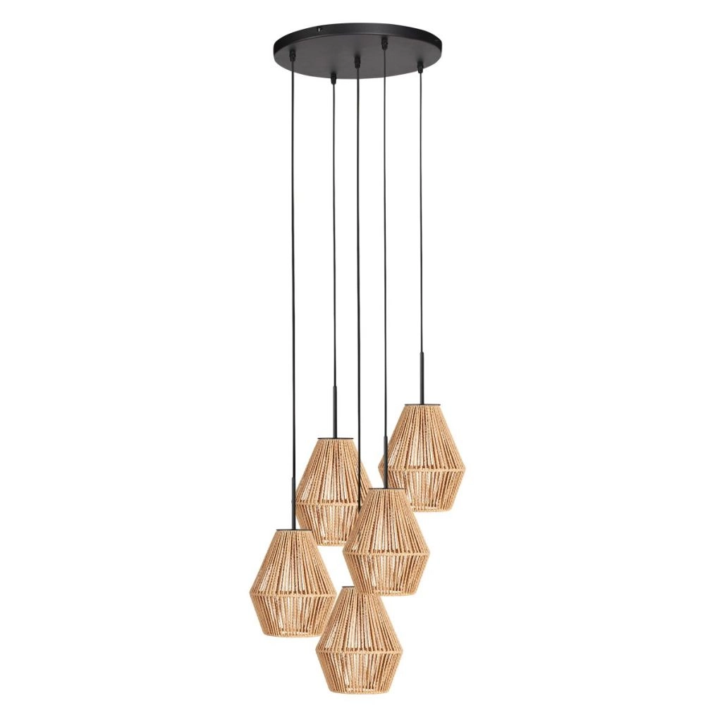 Hanglamp 5-lichts Ropex met rotan kappen