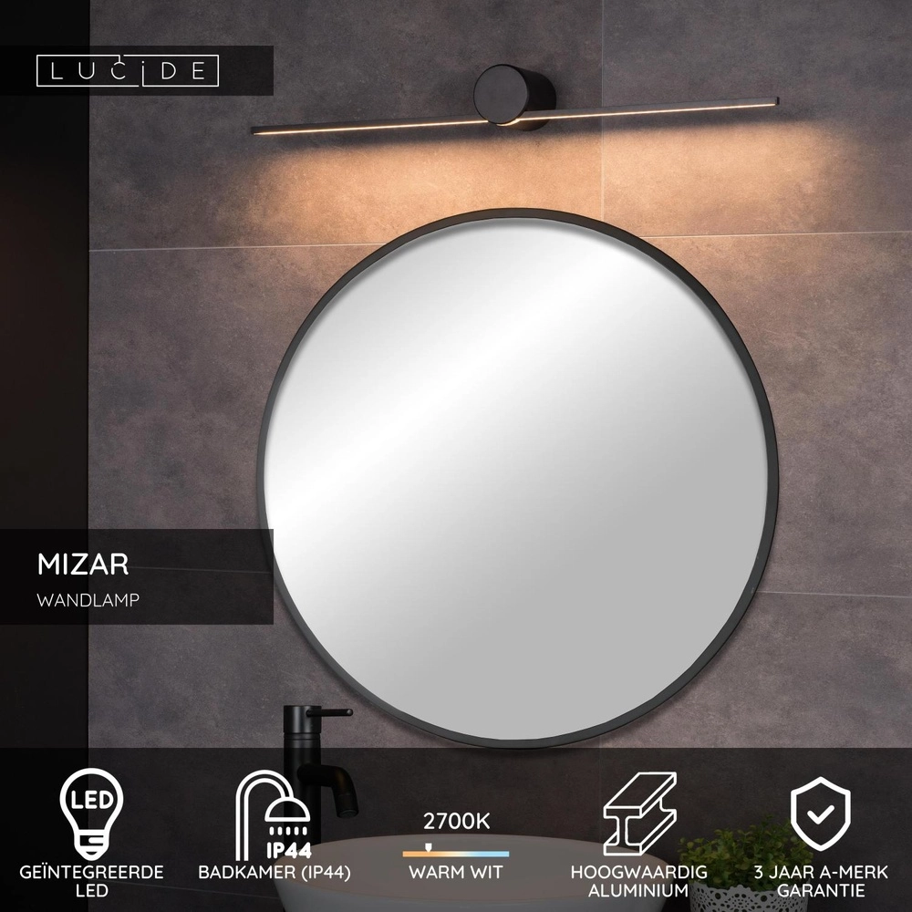 Strakke badkamer wandlamp Mizar IP44 60cm zwart Lucide 5411212126924