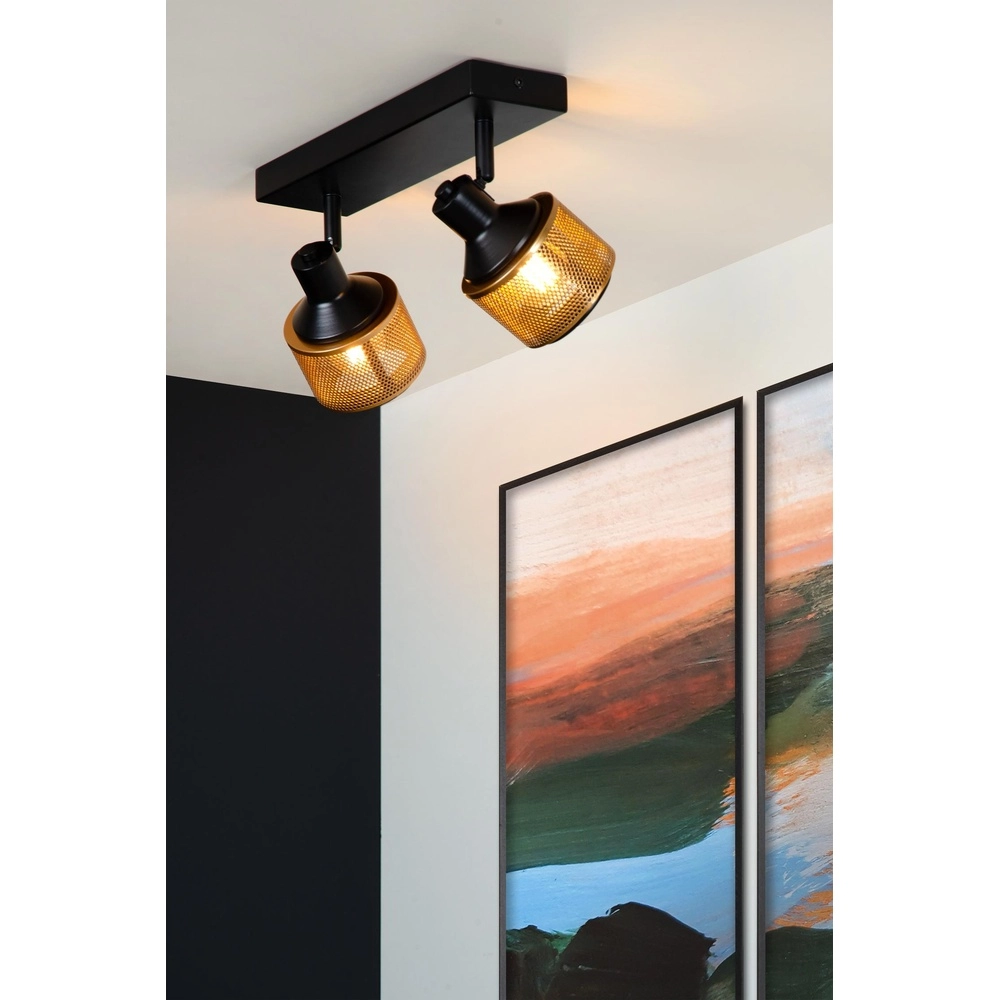 Plafondlamp Rafa 2-lichts zwart met koper Lucide 5411212771292