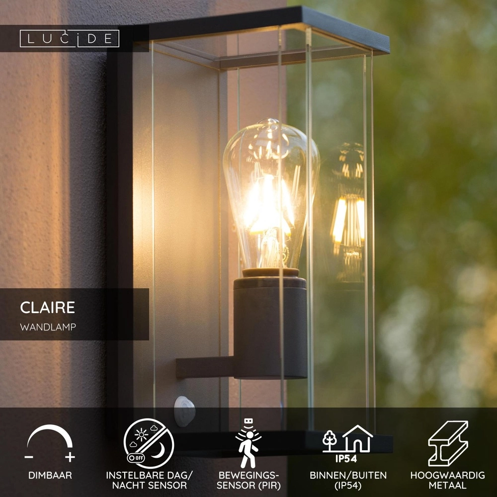 Strakke wandlamp Claire met sensor antraciet Lucide 5411212271563