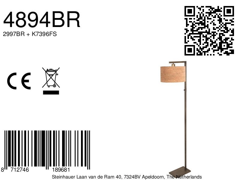 Vloerlamp brons Stang met kurk kap Steinhauer 8712746189681