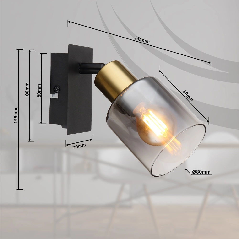 Wandlamp Hollsy zwart met smoke glas Globo 9007371457847