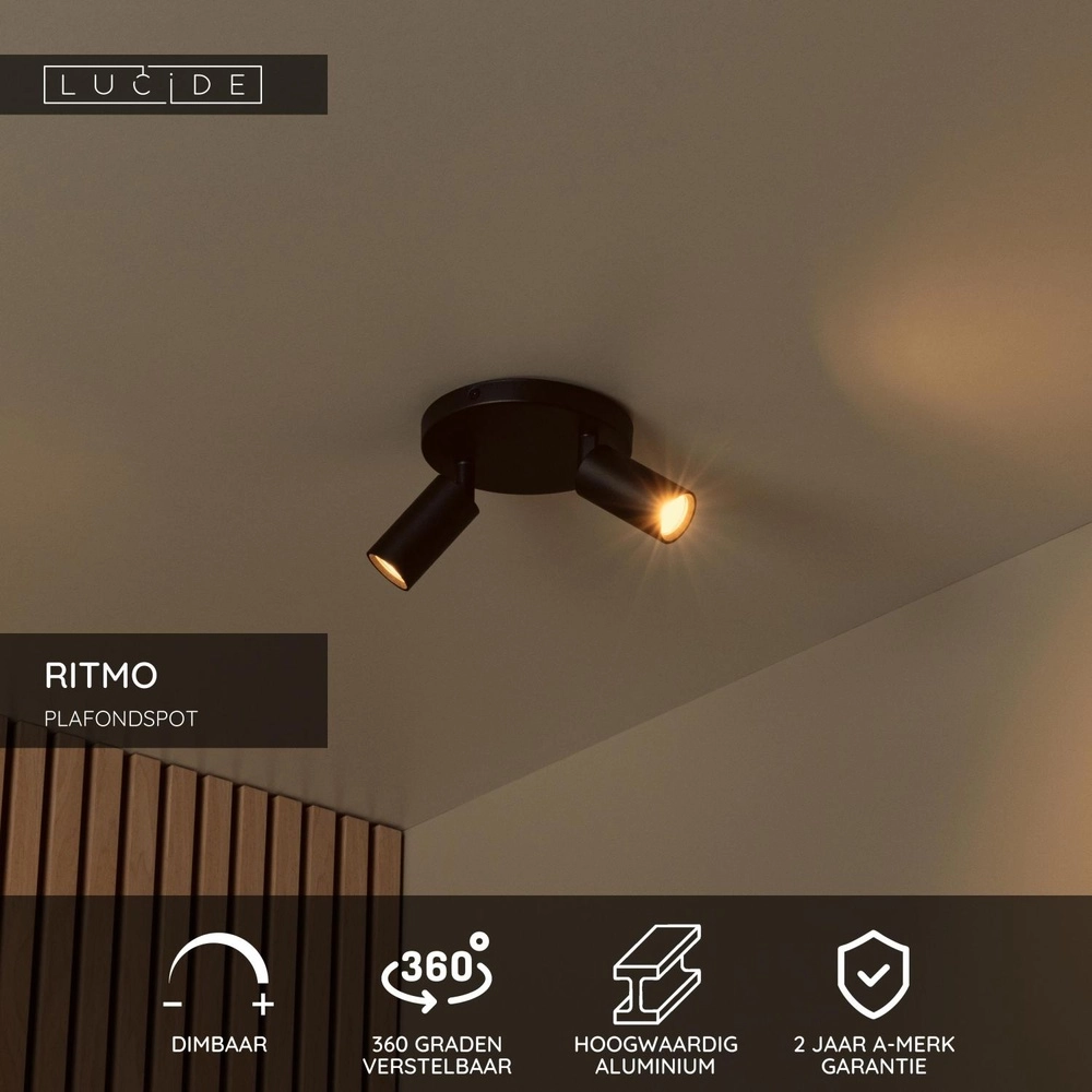 Plafondspot Ritmo mini GU10 2-lichts zwart Lucide 5411212093974