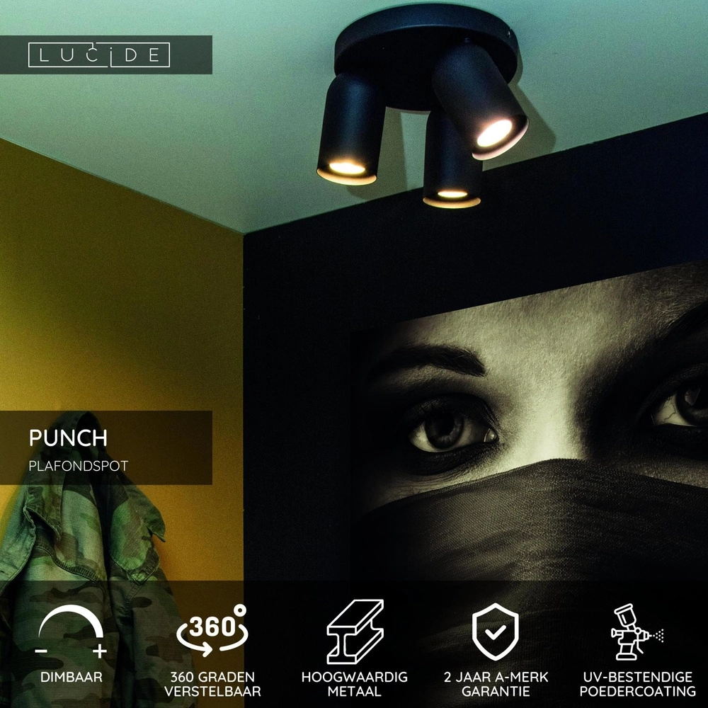 Plafondspot Punch 3-lichts zwart Lucide 5411212134349