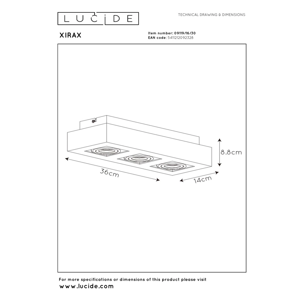 Plafondspot Xirax 3 x 5W zwart Lucide 5411212092328