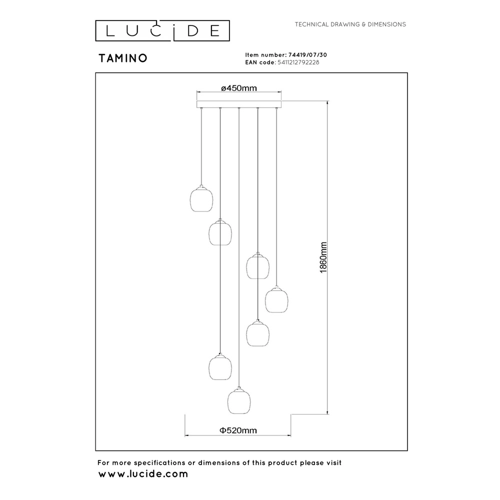 7-lichts hanglamp Tamino zwart Lucide 5411212792228