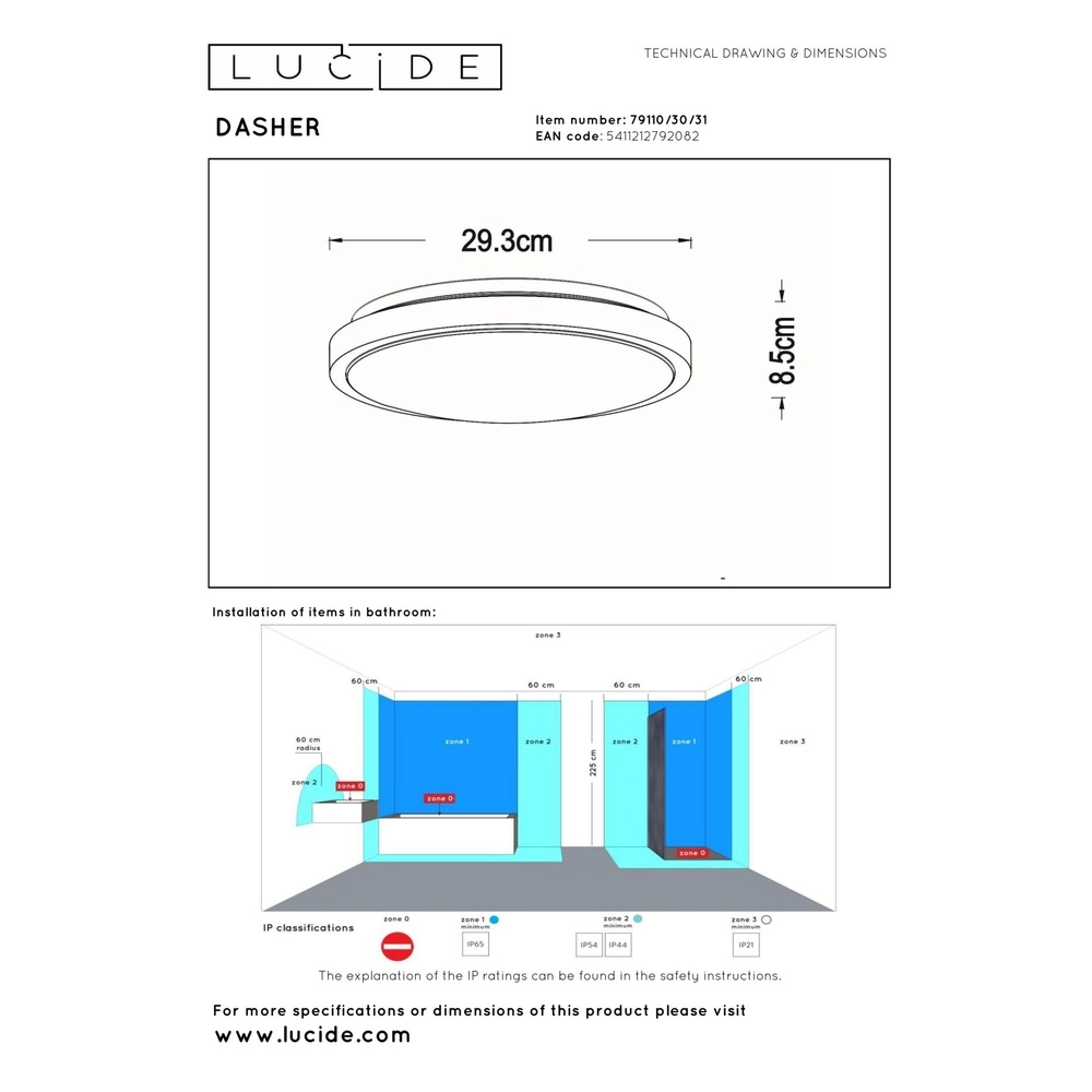 Witte plafonniere Dasher Ø 29,3cm IP44 voor badkamer Lucide 5411212792082