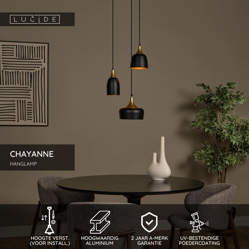 3-lichts hanglamp Chayanne design zwart met goud Lucide 5411212051561
