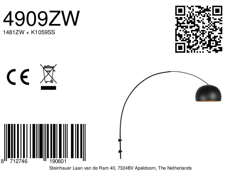 Zwarte wandlamp Globe Black Steinhauer 8712746190601