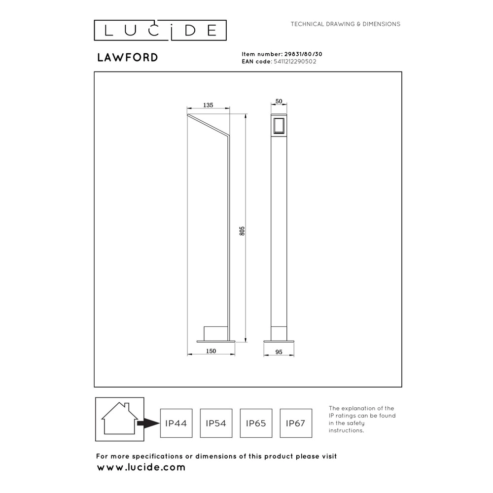 Design tuinlamp Lawford 80,5cm zwart Lucide 5411212290502