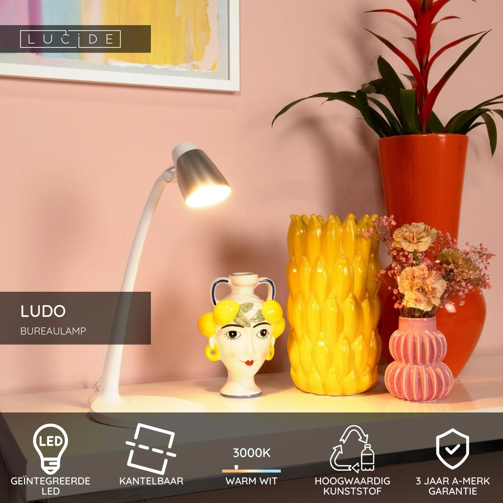 Bureaulampje Ludo wit Lucide 5411212185884