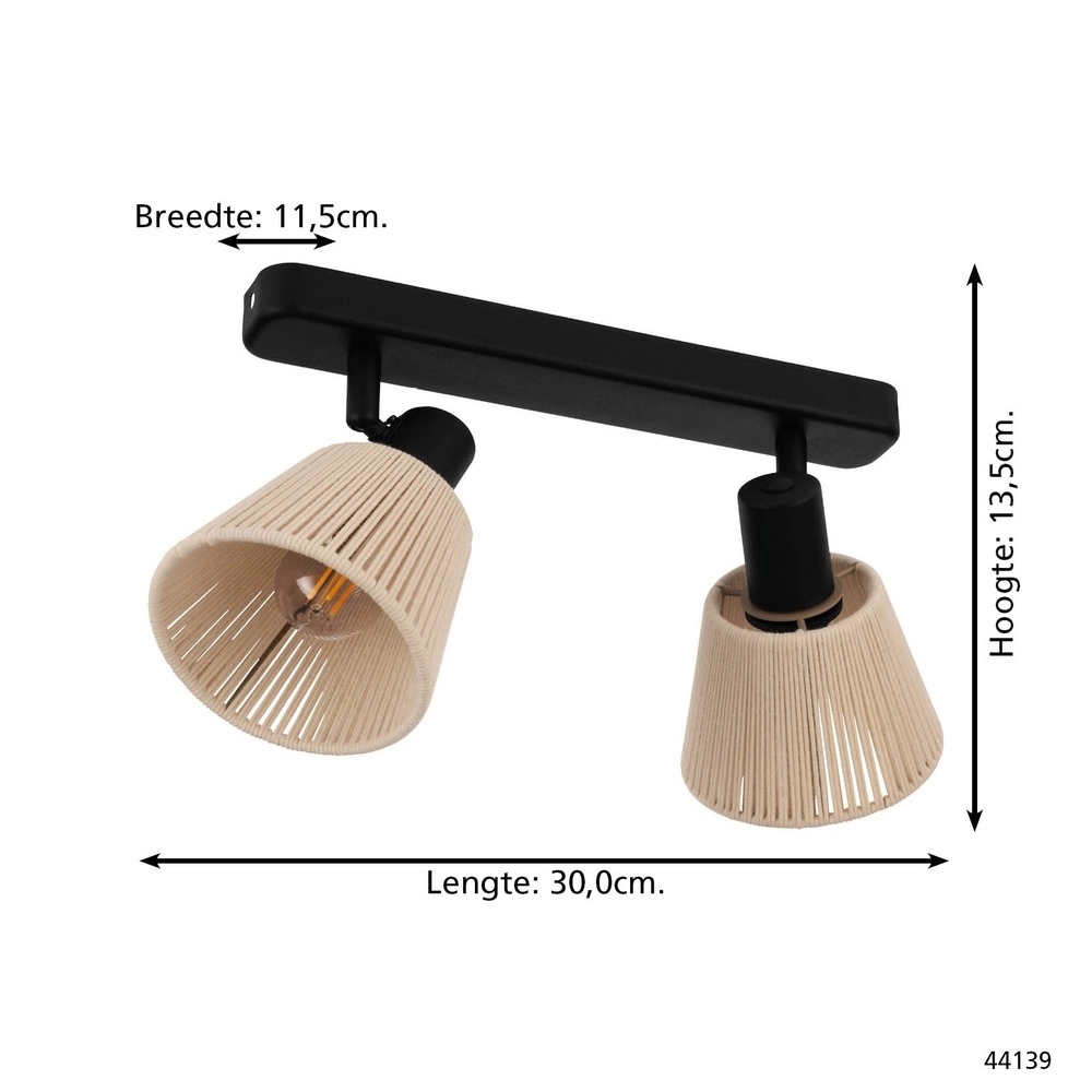 Plafondlamp Seagard zwart met rotan 2-lichts Eglo 9008606359837