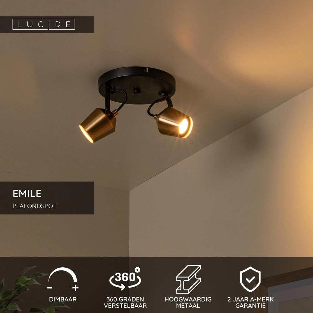 2-lichts plafondlamp Emile zwart met goud Lucide 5411212510082