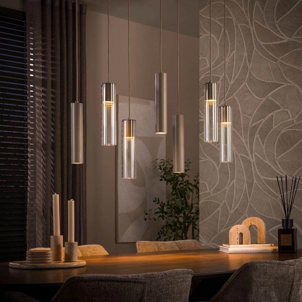 Strakke hanglamp Lungo zand bruin 7-lichts