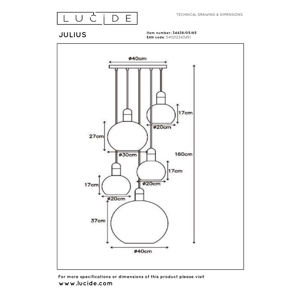 5-lichts hanglamp Julius smoke glas Lucide 5411212343451