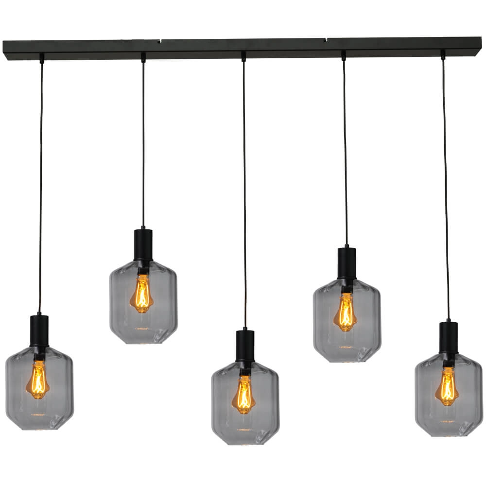 5-lichts hanglamp - zwart - Porto met Jagger smoke glazen