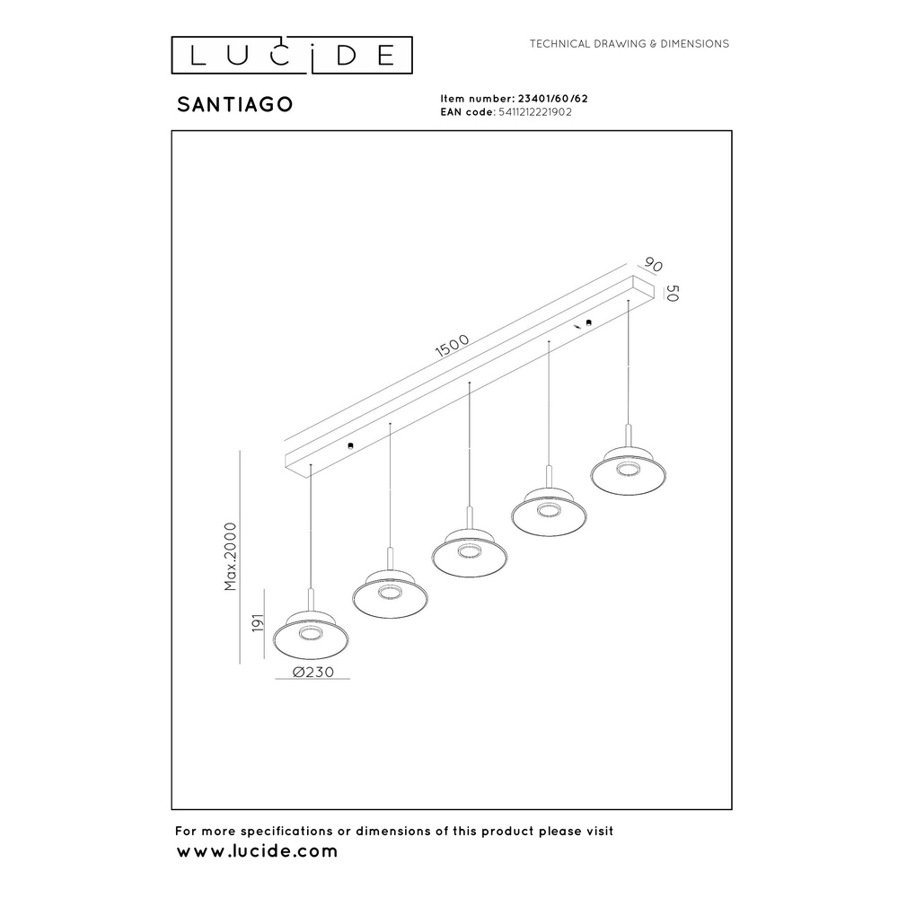 Eetkamer hanglamp Santiago led - champagne - 5x Ø 23cm Premium by Lucide 5411212221902