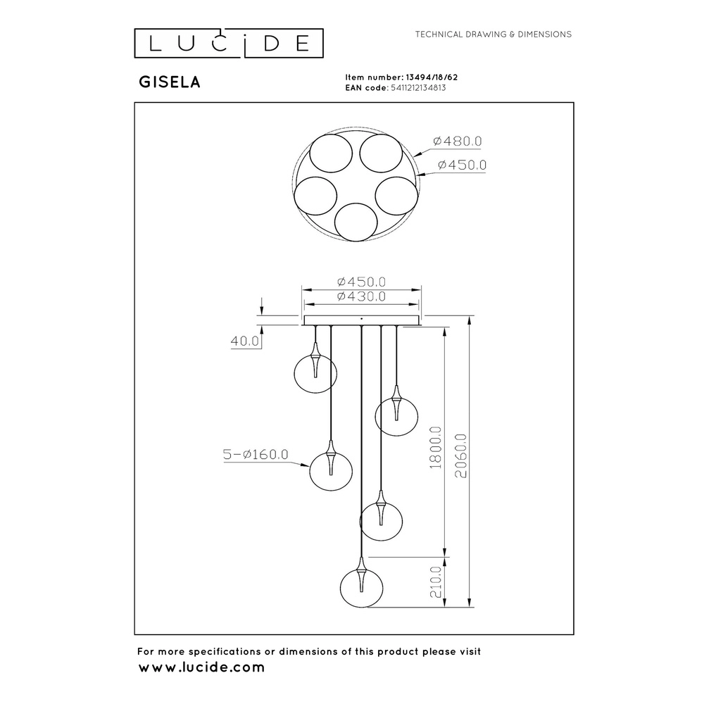 Design led hanglamp Gisela fading - 5x Ø 16cm Premium by Lucide 5411212134813