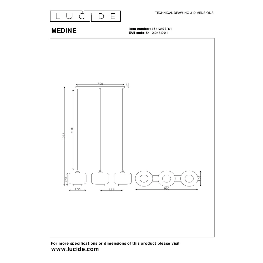 Hanglamp recht Medine 3-lichts zwart met opaal Lucide 5411212461001
