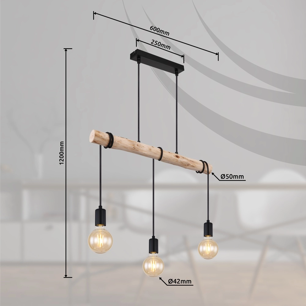 3-lichts eettafel hanglamp Gregor zwart met hout Globo 9007371436330