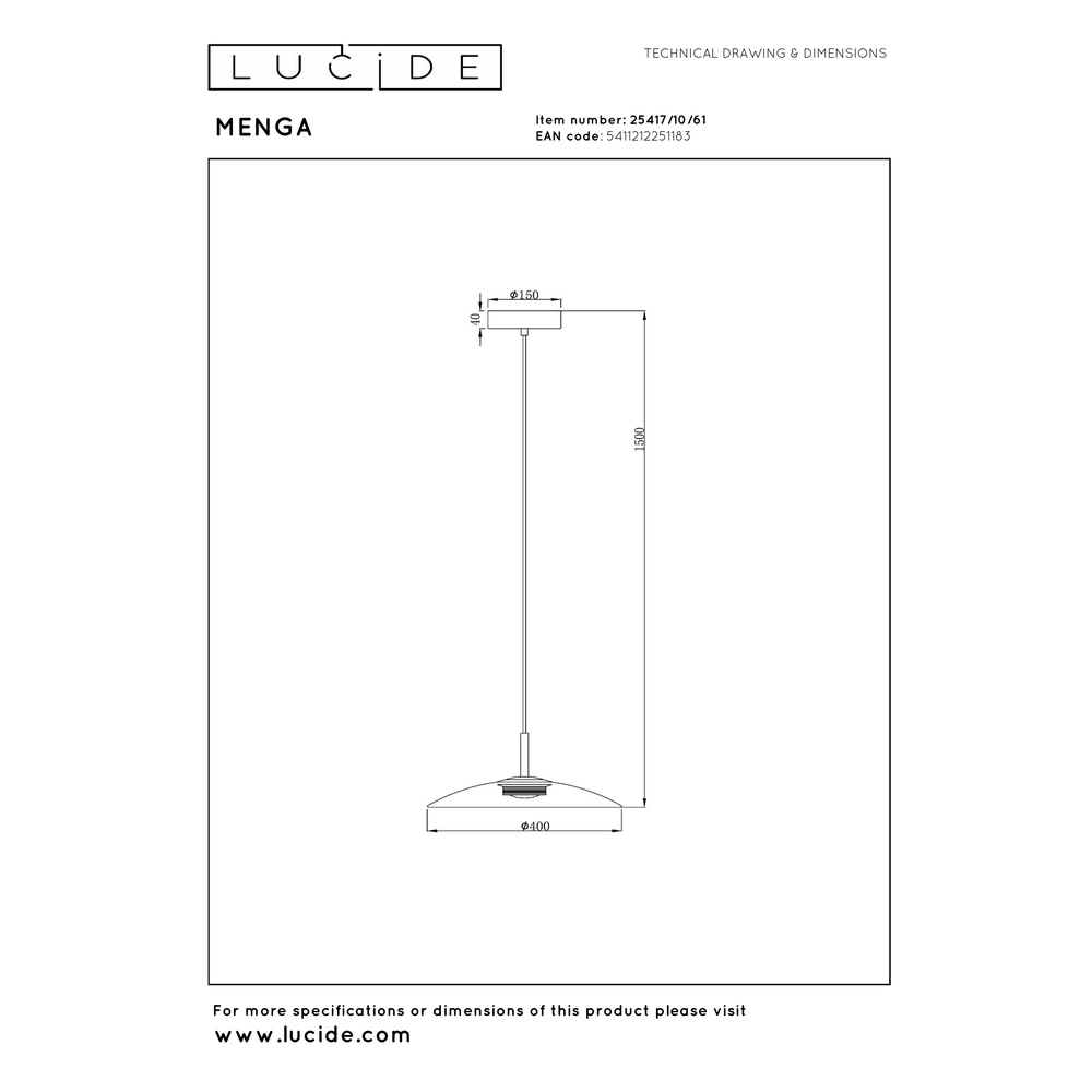 Strakke hanglamp Menga Ø 40cm wit glas Premium by Lucide 5411212251183
