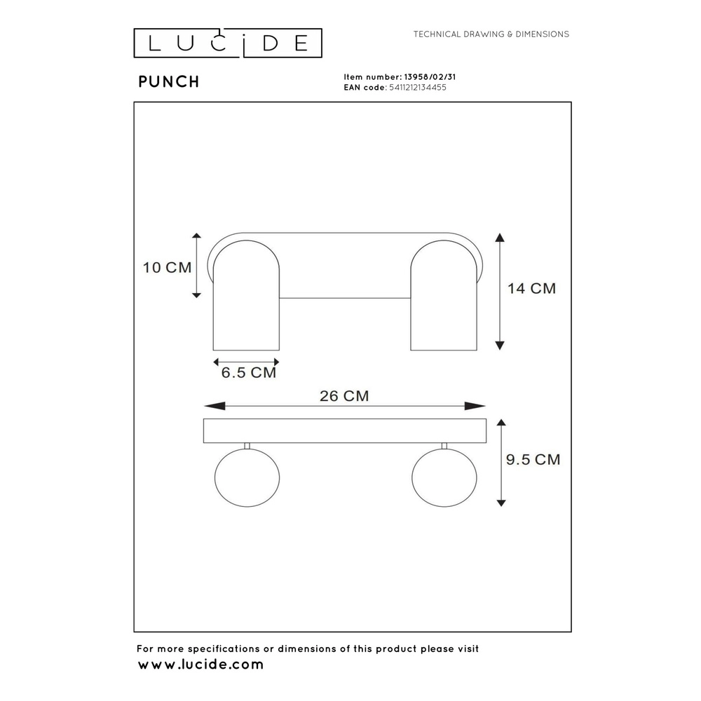 Plafondspot Punch 2-lichts wit Lucide 5411212134455
