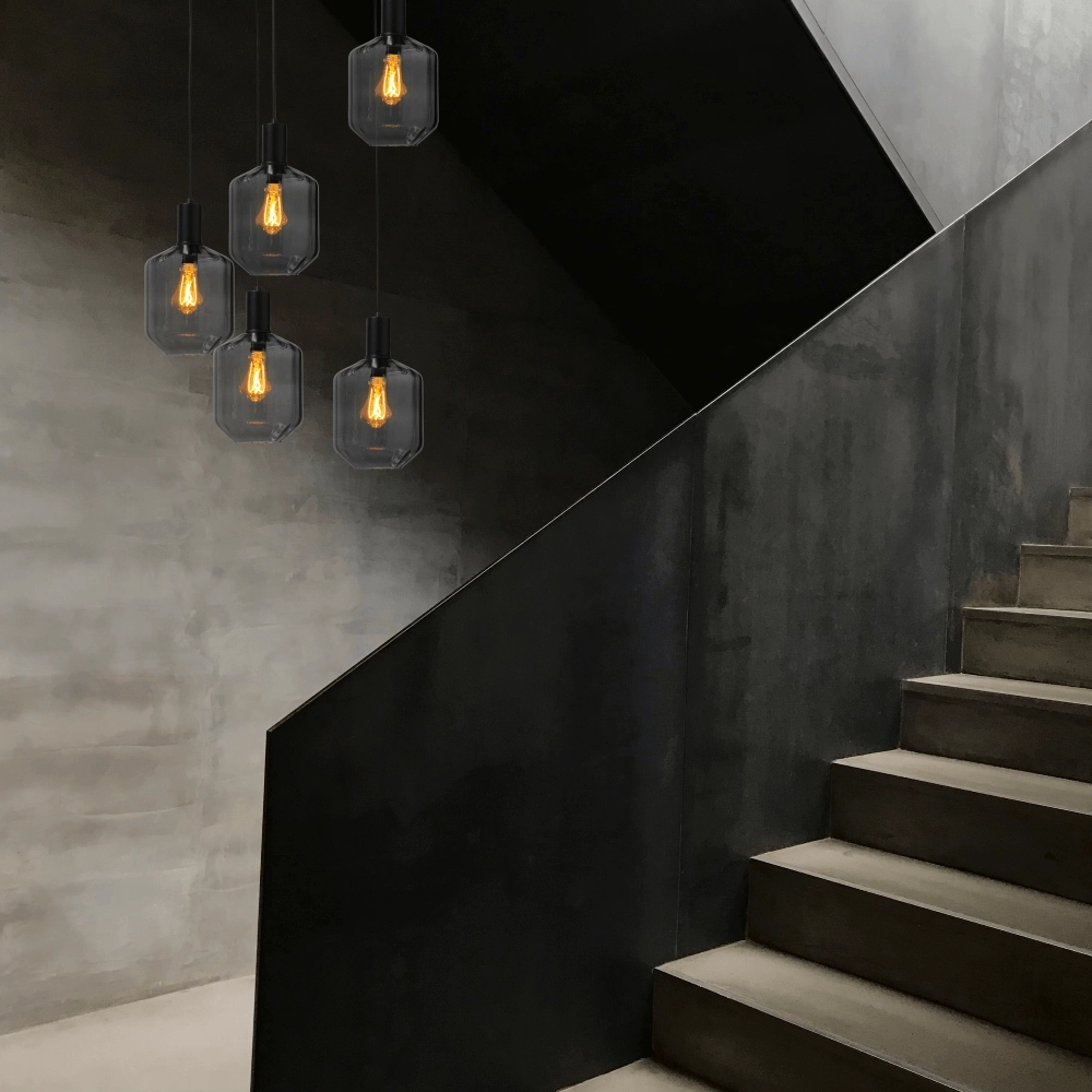 5-lichts vide hanglamp - zwart - Porto met Jagger smoke glazen Masterlight 8718121271149
