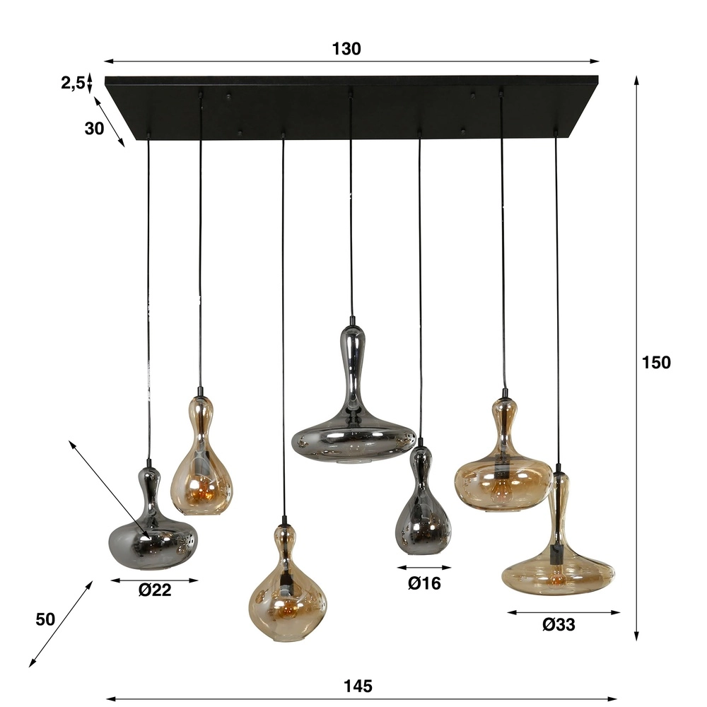 Design hanglamp Karaf 7 glazen - amber en smoke Lyora 8716803511576