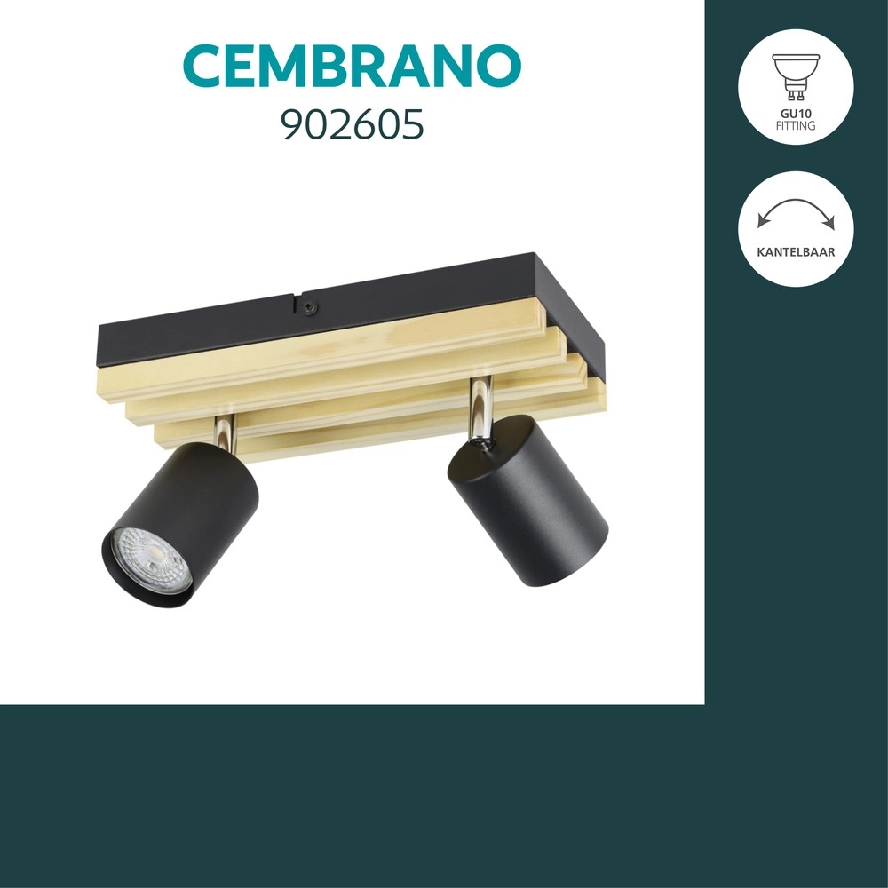 Moderne spot Cembrano 2-lichts zwart met hout Eglo 9008606389056