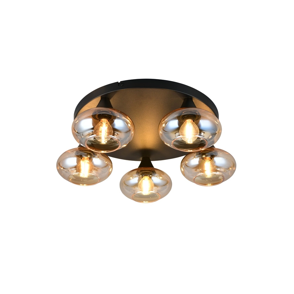 Plafondlamp Divina 5-lichts zwart met amber glas Plafondlamp Divina 5-lichts zwart met amber glas