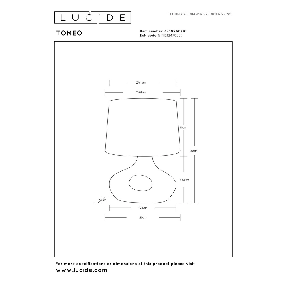 Schemerlamp Tomeo zwart met witte kap Lucide 5411212470287