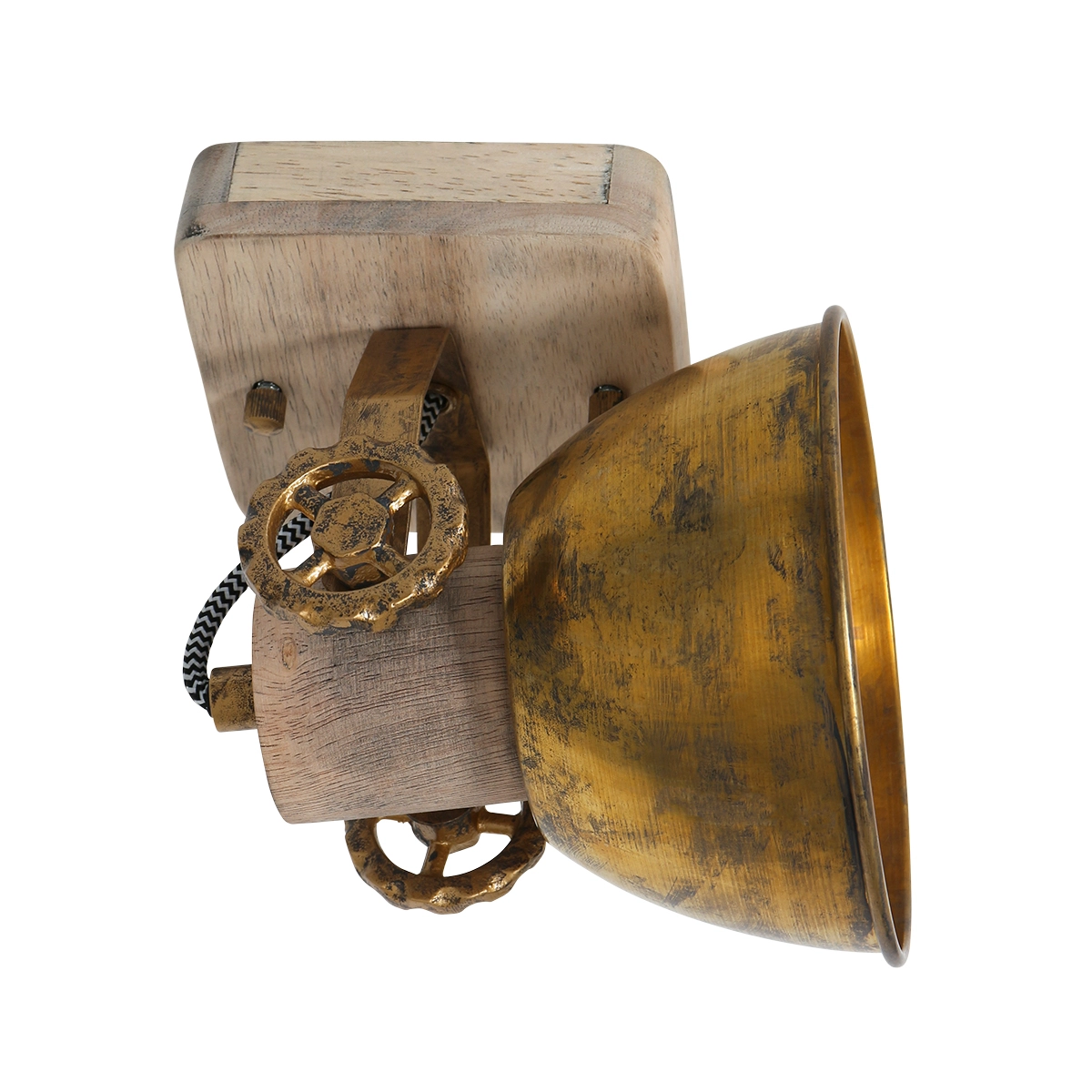Industriële plafondlamp Gearwood brons met hout