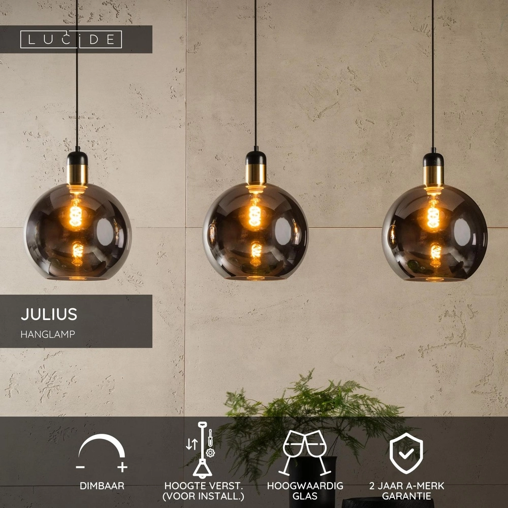 3-lichts hanglamp Julius smoke glas Lucide 5411212343444