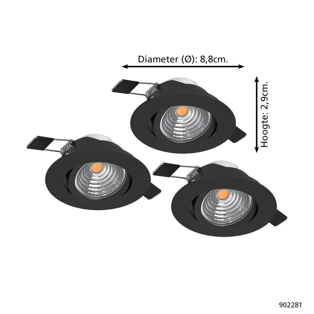 Set van 3 inbouwspots Saliceto zwart Ø 8,8cm - 6,4W Eglo 9008606358915