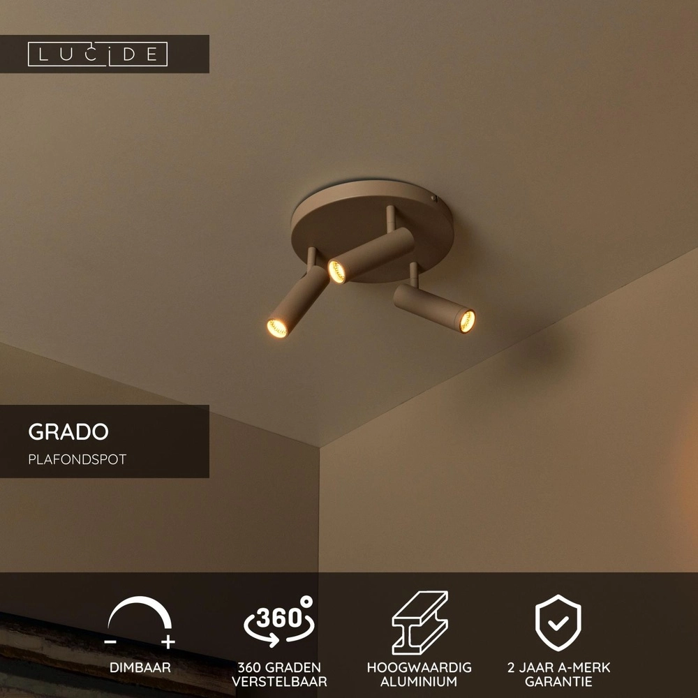 Strakke plafondlamp Grado 3-lichts zand bruin Lucide 5411212221742
