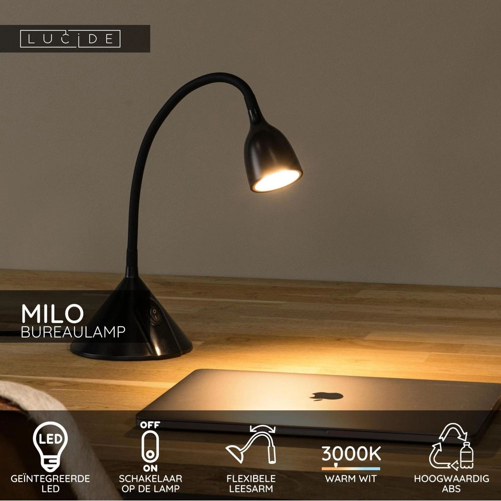 Zwarte bureaulamp Milo led 3,2W Lucide 5411212185891