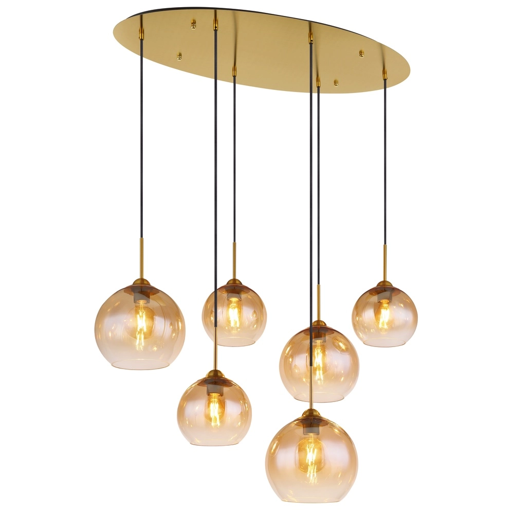 Gouden hanglamp Jamessa 6-lichts met amber glas