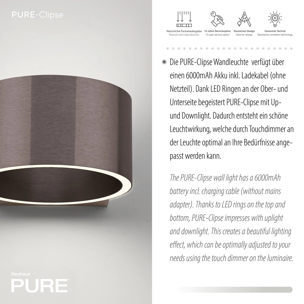 Oplaadbare wandlamp Pure Akku Clipse Donker bruin geborstel Paul Neuhaus 4012248393017