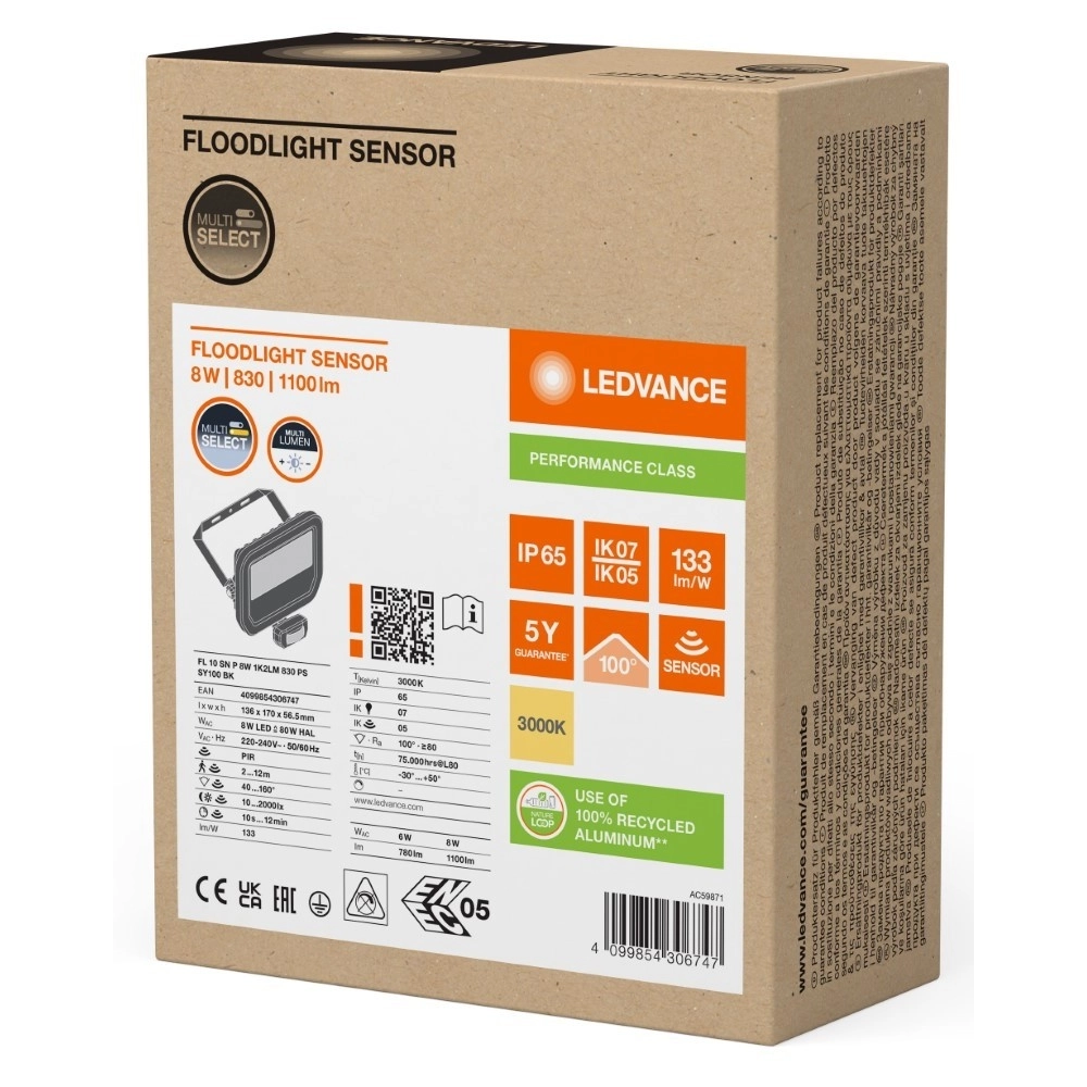 Schijnwerper Vance 8W - 3000K zwart met sensor Lyora 4099854306747