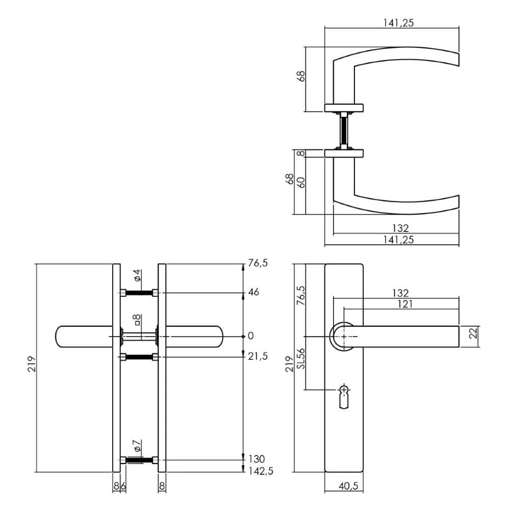 Deurklink Blok rechthoekig sleutel 56mm RVS Intersteel 8714186187289