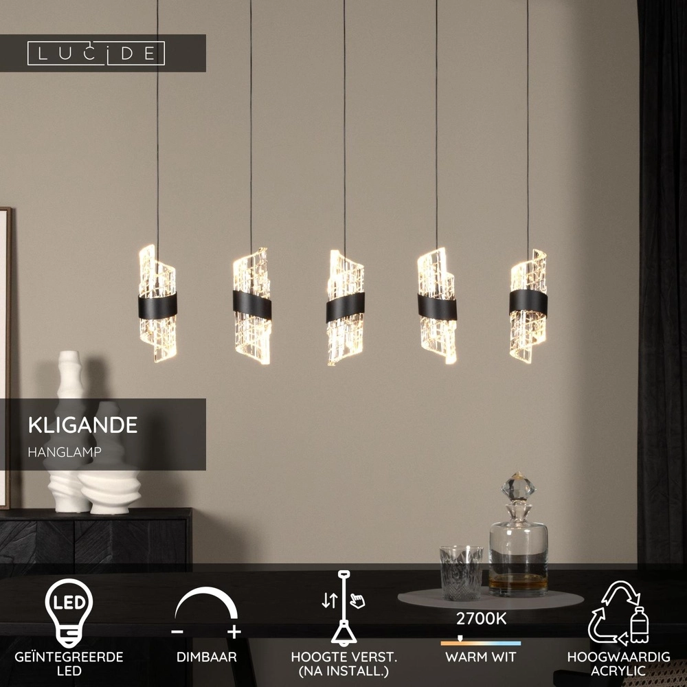 Design hanglamp Kligande 5-lichts zwart recht Lucide 5411212134653