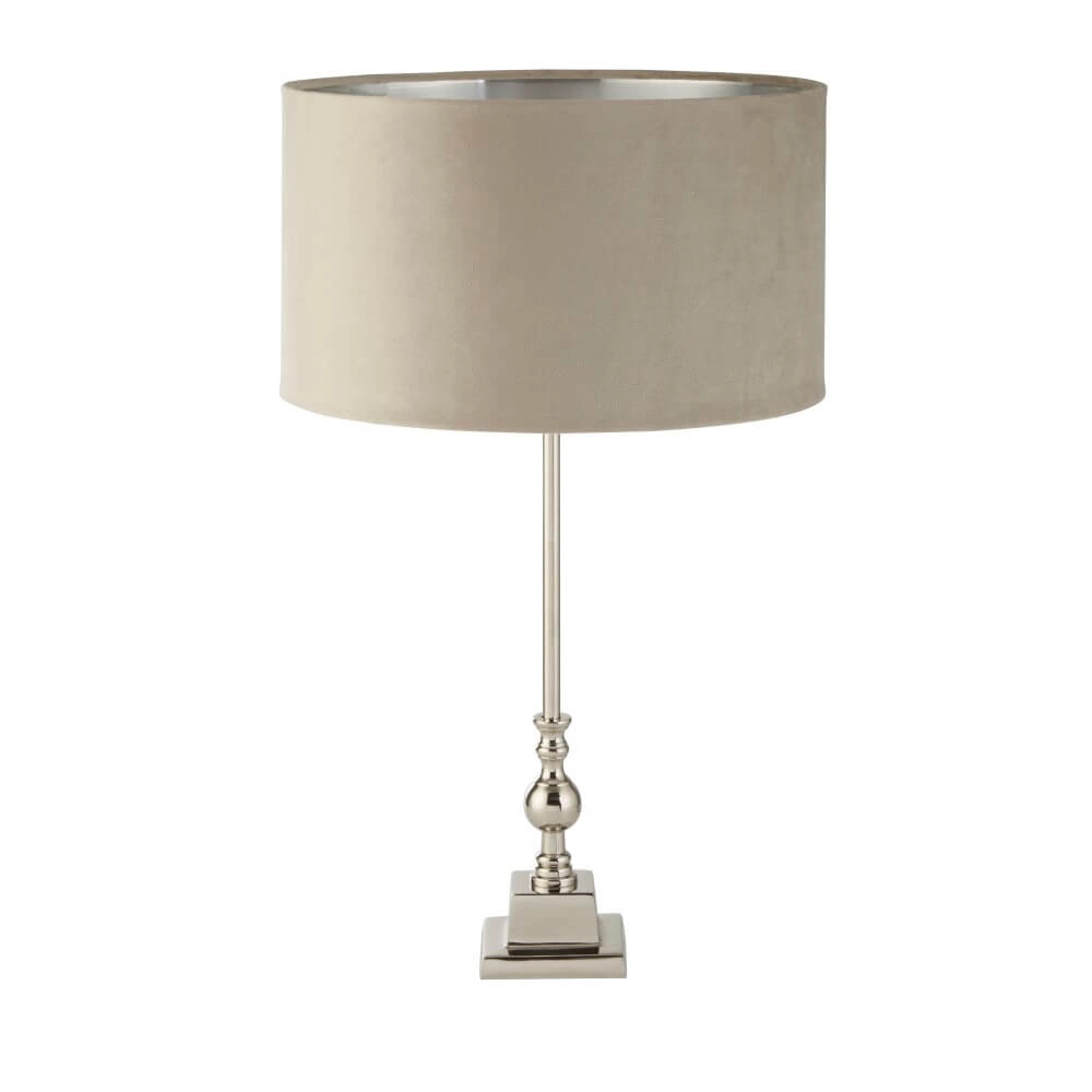 Tafellamp chroom Whitby met taupe kap Tafellamp chroom Whitby met taupe kap