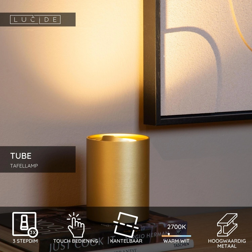 Design tafellamp Tube goud Lucide 5411212221636