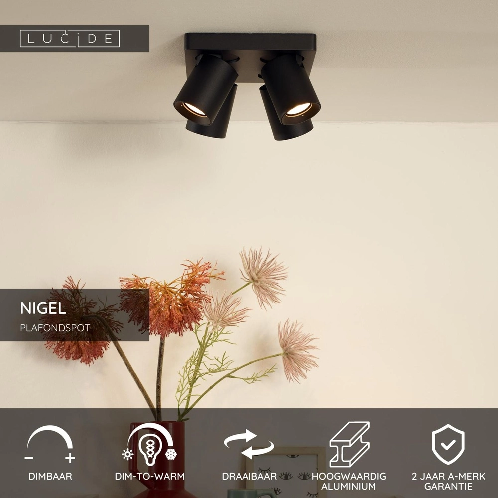 Plafondspot Nigel 4-lichts zwart Lucide 5411212092595