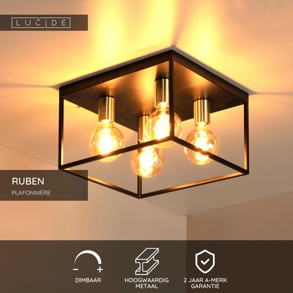 Plafondlamp Ruben zwart 36cm vierkant Lucide 5411212010919
