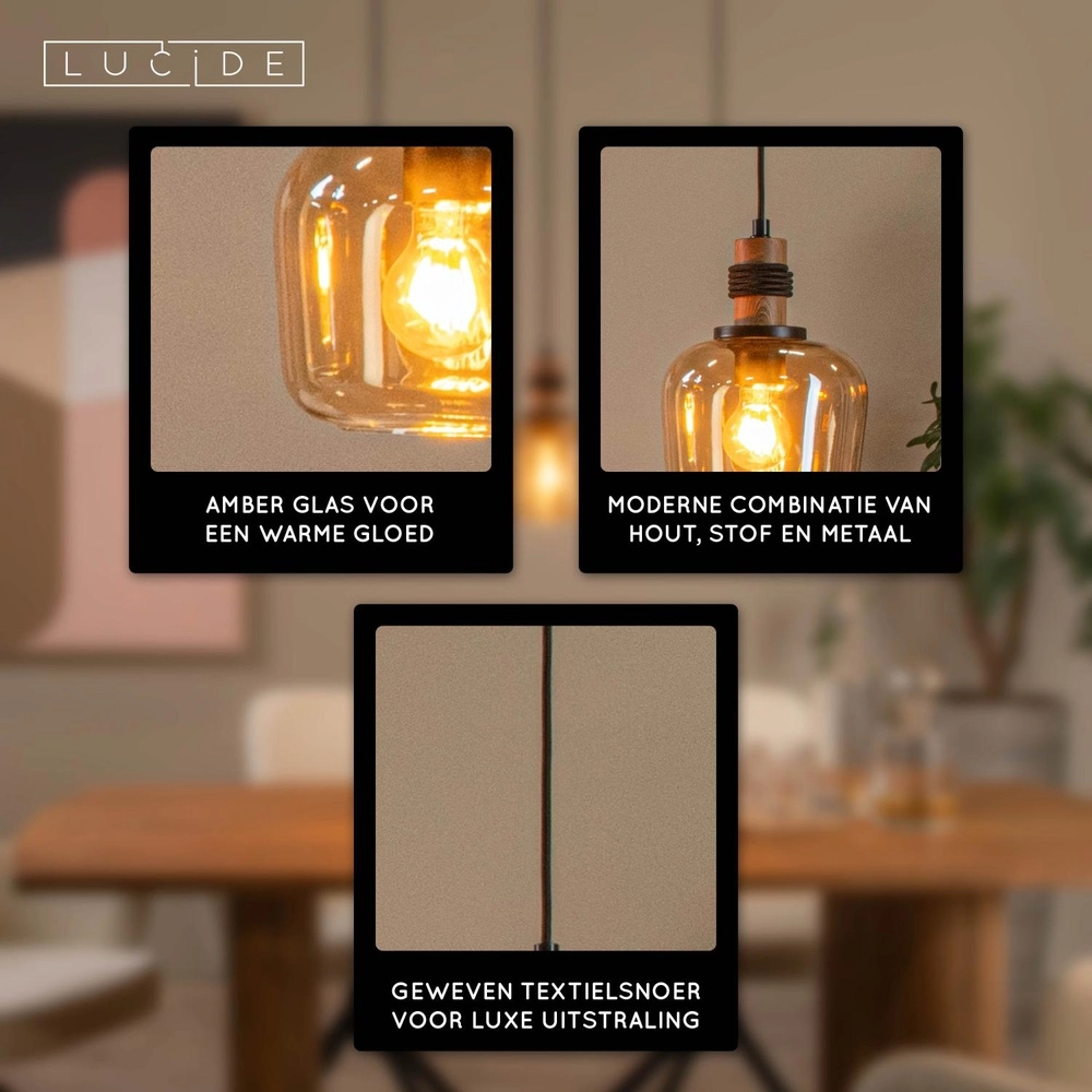 3-lichts hanglamp Ilona zwart met amber glas Lucide 5411212452689